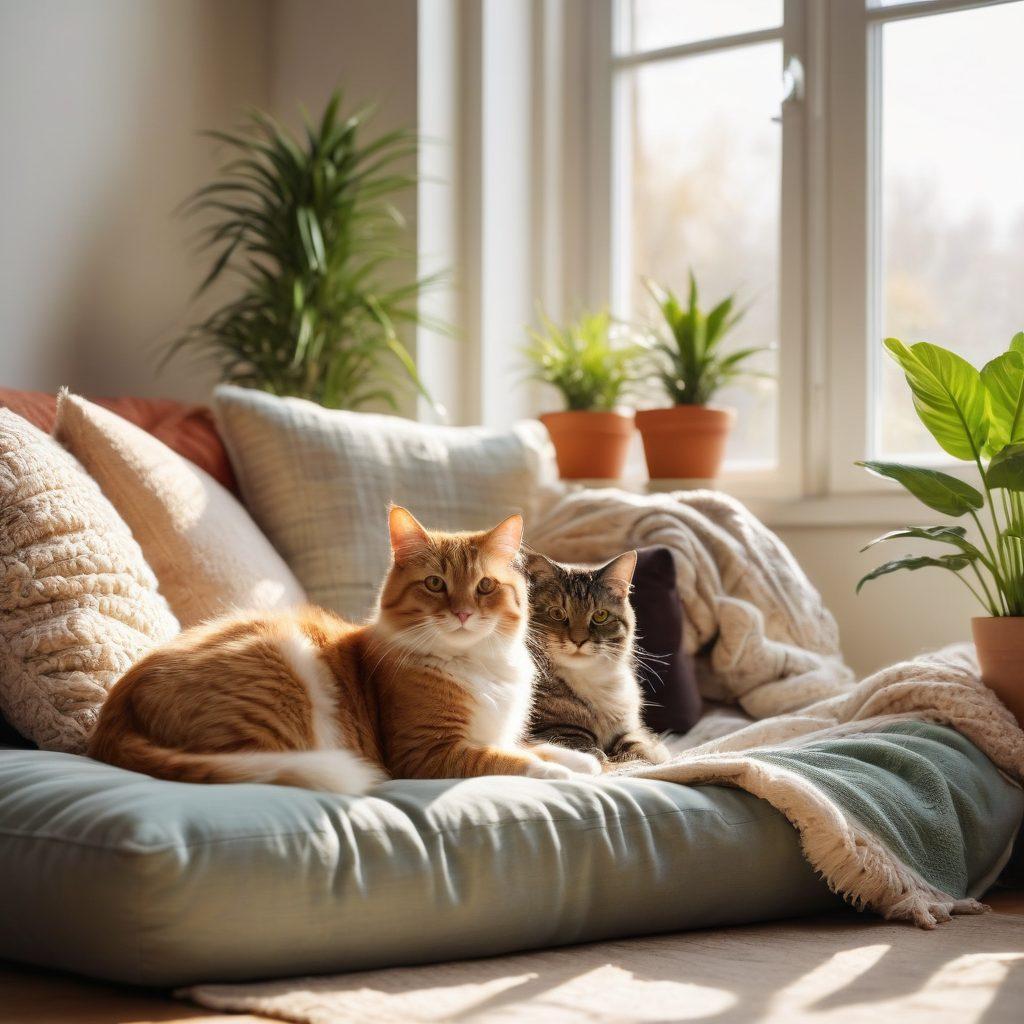 A cozy living room filled with fluffy pets like cats and dogs lounging around a cheerful family, each pet exuding warmth and love. Sunlight streams through the window, illuminating their playful interactions and smiles, surrounded by soft cushions and blankets. Elements of happiness, like laughter and affection, are captured in their expressions. Include a vibrant indoor plant for a touch of nature. super-realistic. warm tones. soft focus.