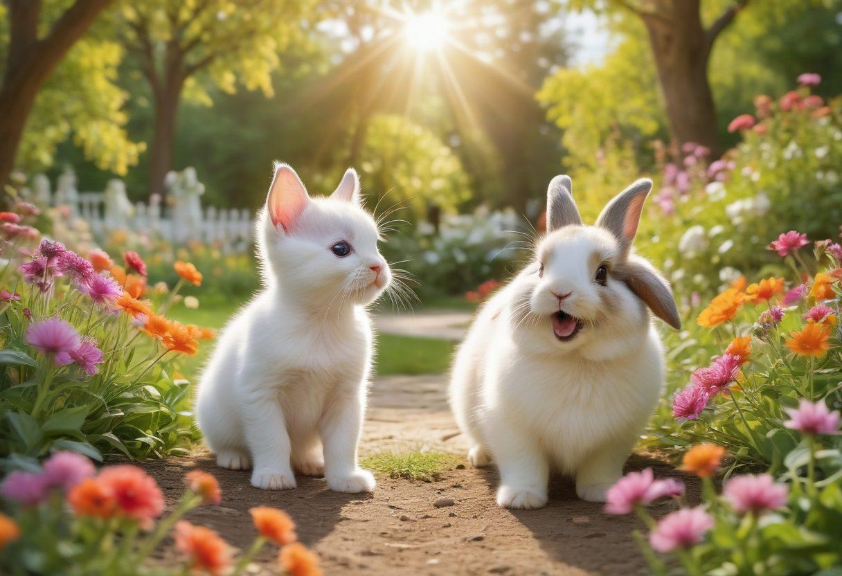 A joyful scene of various pets, including a playful puppy, a curious kitten, and a cheerful rabbit, interacting with smiling people in a sunny park. Bright flowers and trees surround them, conveying a sense of happiness and companionship. The pets are playfully frolicking and being cuddled, capturing the essence of love and joy that pets bring to our lives. vibrant colors. super-realistic. natural setting.