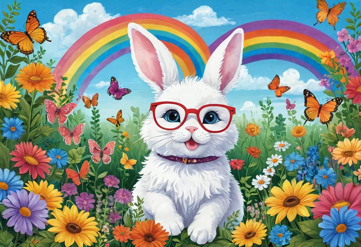 A charming scene featuring adorable fluffy animals like a cheerful bunny and a playful kitten, surrounded by colorful flowers and a bright rainbow. The animals are engaging in humorous activities, such as the bunny wearing oversized glasses and the kitten chasing butterflies. The background is lush with greenery, radiating a vibe of happiness and positivity. This whimsical illustration captures the essence of self-love and joy. vibrant colors. playful cartoon style.